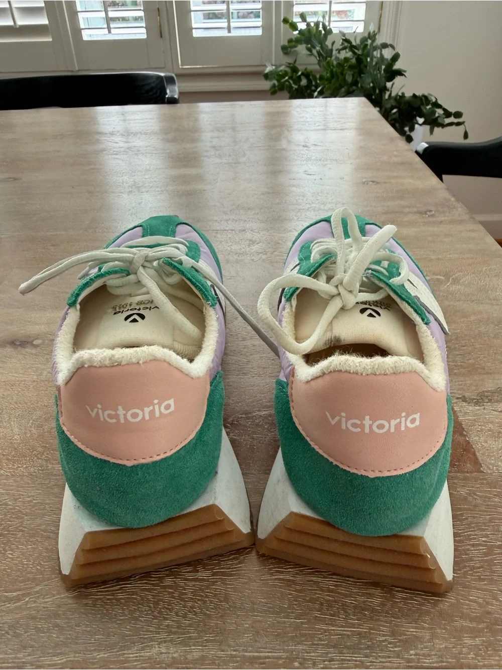 Women's Retro-Style Lace-Up Sneakers in Green, Lavender & Cream